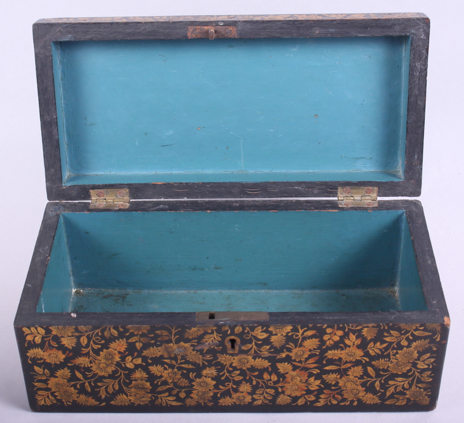 An early 19th century ebonised box decorated gilt flowers, 10 1/2" long - Image 2 of 4