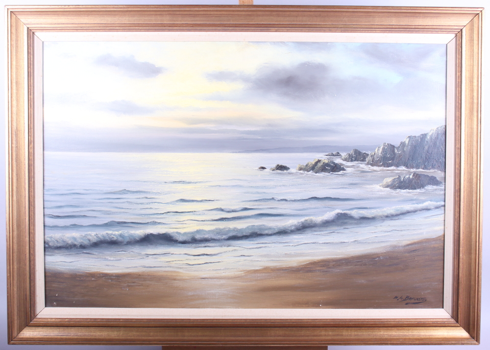 H L Braunston: oil on canvas, moonlit coastal scene, 19" x 29", in gilt strip frame, and a - Image 2 of 5