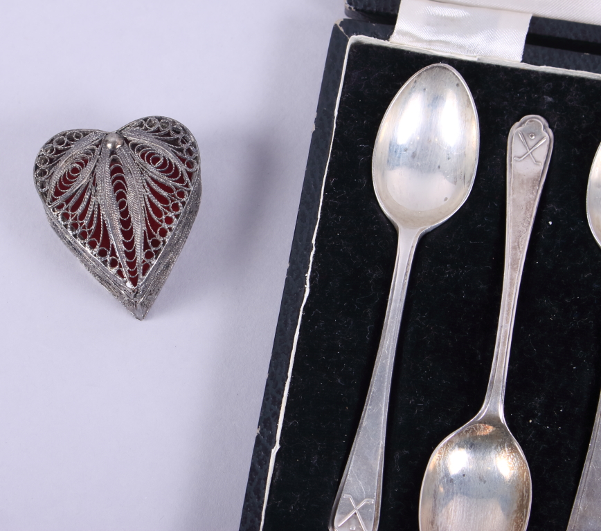 A silver christening mug with inscription, a cased set of six silver teaspoons, a white metal - Image 3 of 7