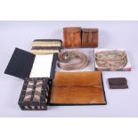 An Anglo-Indian porcupine quill box, three ebony clothes brushes, two leather brush cases, a sequin