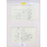 Four prints, scenes with Winnie the Pooh, in pine strip frames, two prints of a woman and child, a
