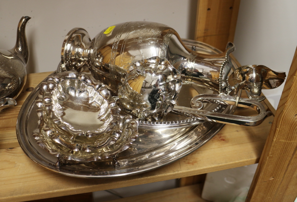 A silver plated ewer, a plated coffee pot, a similar teapot, two pairs of plated bonbon dishes and - Image 2 of 3