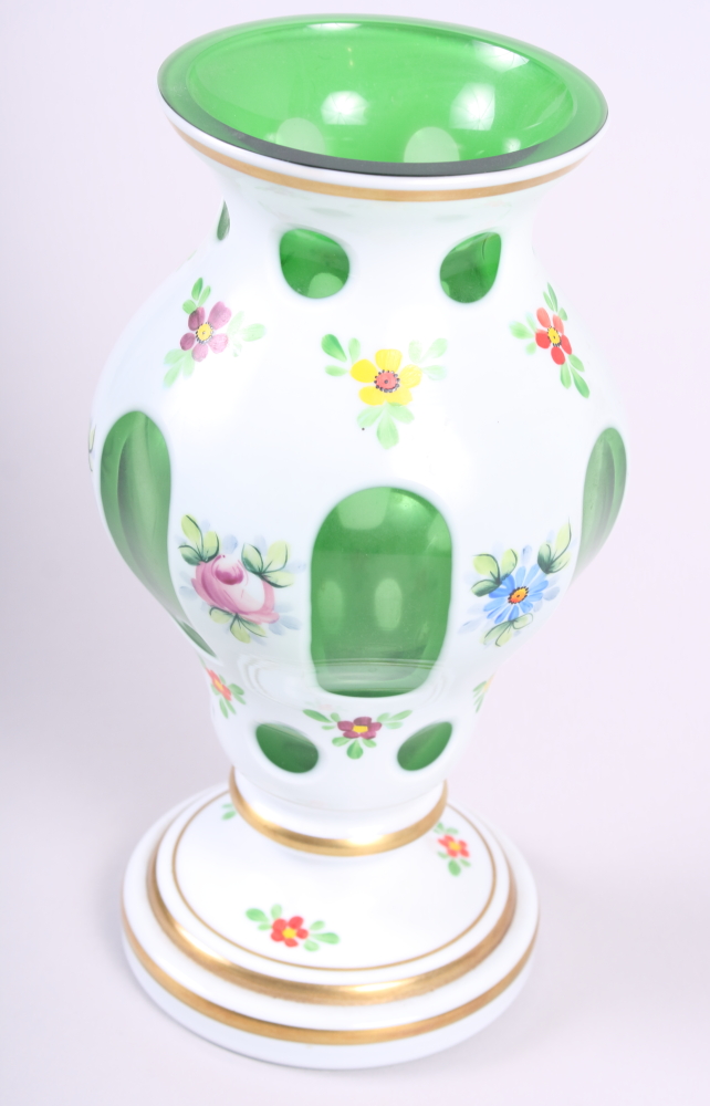 A Bohemian overlaid and cut glass baluster vase with hand-painted gilt and floral decoration, 8 1/4" - Image 3 of 4