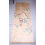A Chinese watercolour scroll, falcon on tree branches, 68 1/2" x 25" overall