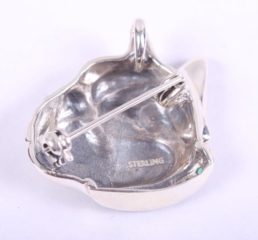 A white metal brooch, formed as the head of a French bulldog with gem set collar, stamped sterling - Image 2 of 2