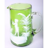 A Mary Gregory type green glass jug with figure decoration, a lily of the valley enamel jug, a