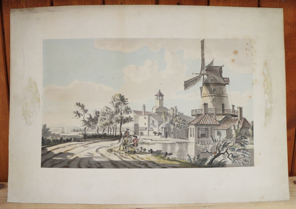 Sam Howitt: watercolours, study of windmill with figures and horse in foreground, 8 1/2" x 14", - Image 2 of 3