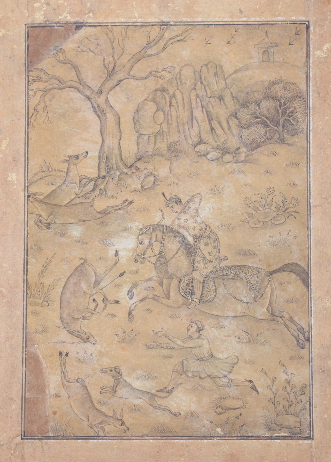 An 18th century Mughal / Persian / Indian miniature grisaille hunting scene, 7" x 5", in gold leaf