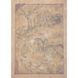 An 18th century Mughal / Persian / Indian miniature grisaille hunting scene, 7" x 5", in gold leaf