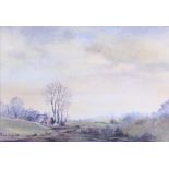 A watercolour landscape, signed Peggy Hunt, a watercolour of cottages, and two other pairs of
