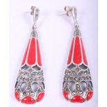 A pair of white metal drop earrings, decorated with red enamel and marcasite, stamped 925