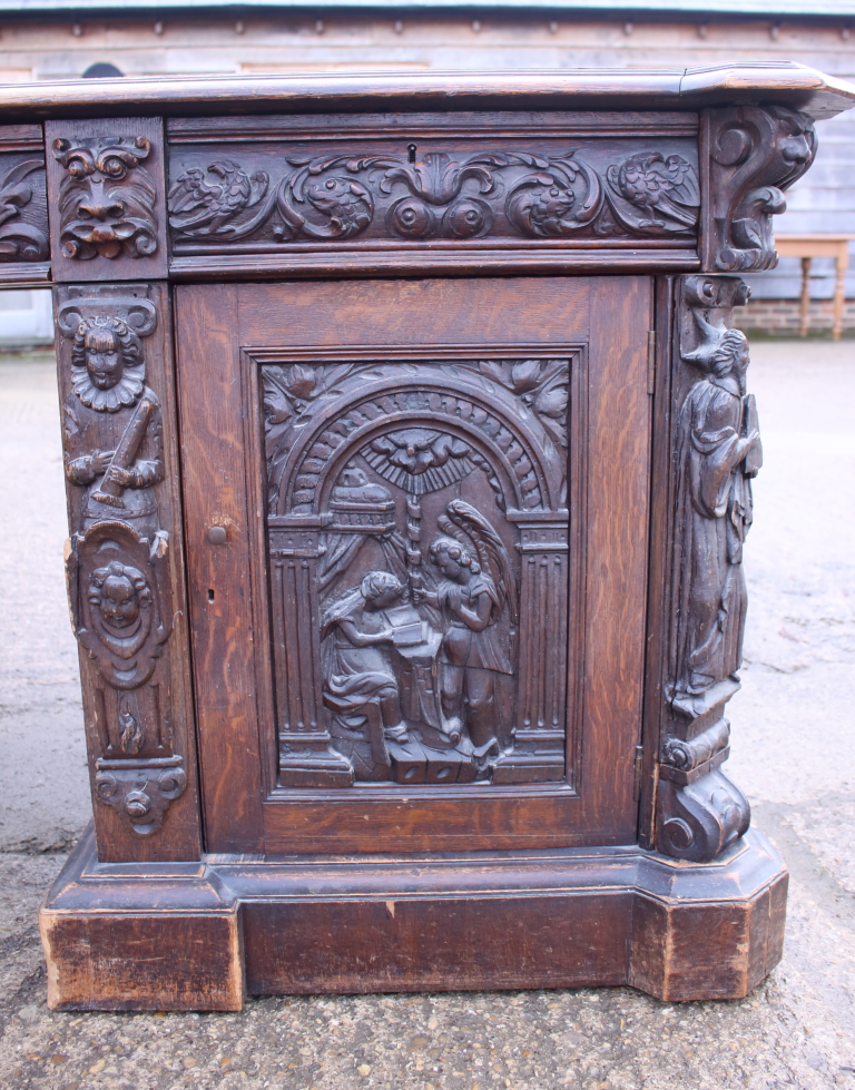 *A partners Victorian oak double pedestal desk with green leather tooled lined top, the pedestals - Image 3 of 21