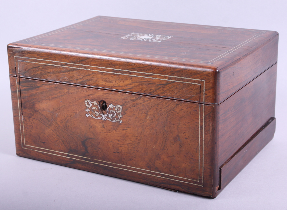 A 19th century rosewood box, decorated mother-of-pearl panel and stringing, 12" wide (damages)