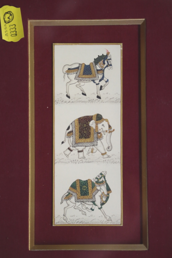 An Indian miniature illustration of three animals, 5 1/4" x 2", in decorative frame