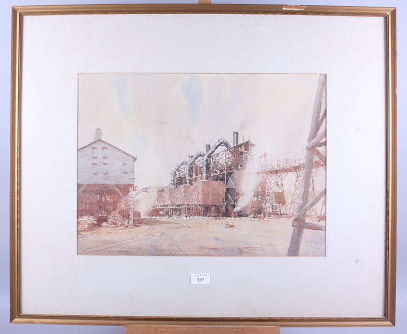 Daryl Lindsay: watercolours, landscape with industrial buildings, 17" x 21", in gilt strip frame, - Image 2 of 6