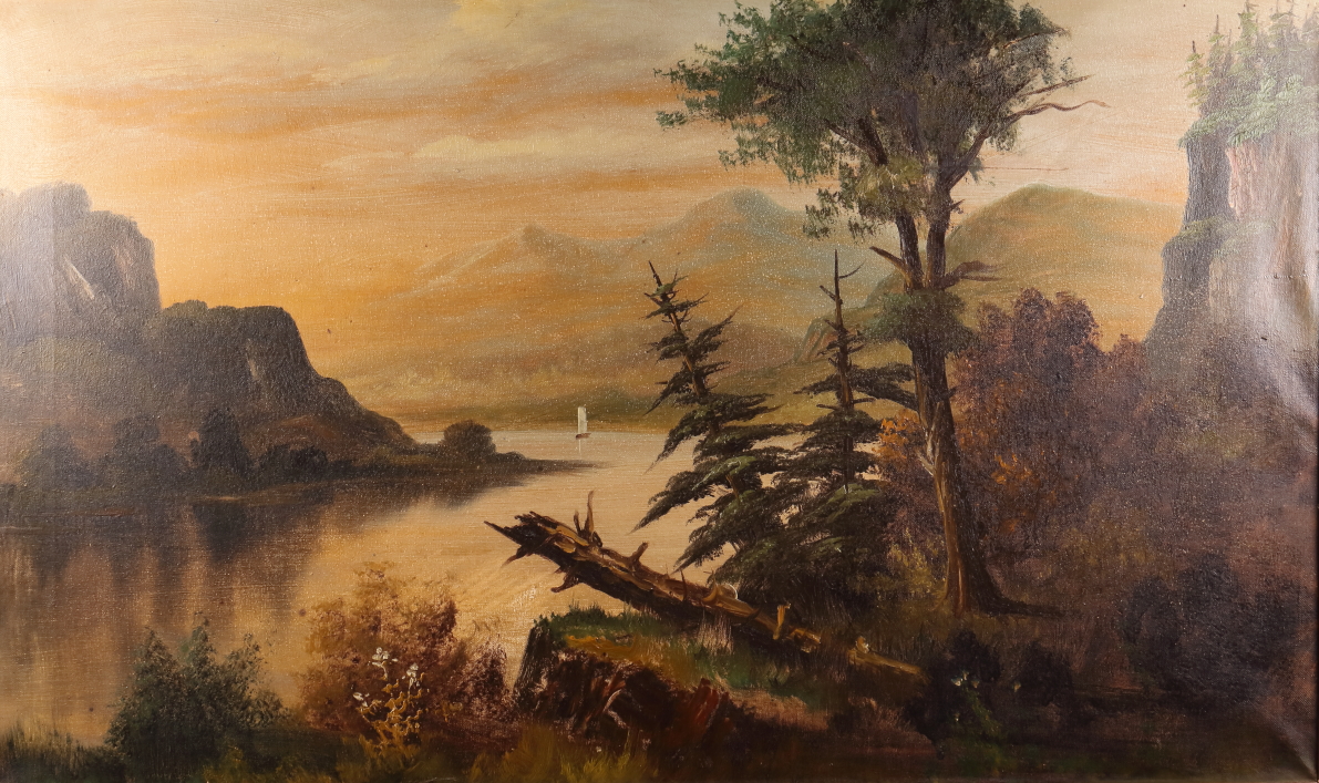 A pair of late 19th century oils on canvas, mountainous landscape with lake and river, 21" x 29", in