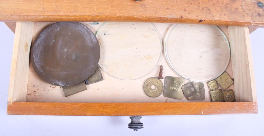 A set of brass balance scales, on wooden base, fitted one drawer - Image 2 of 2