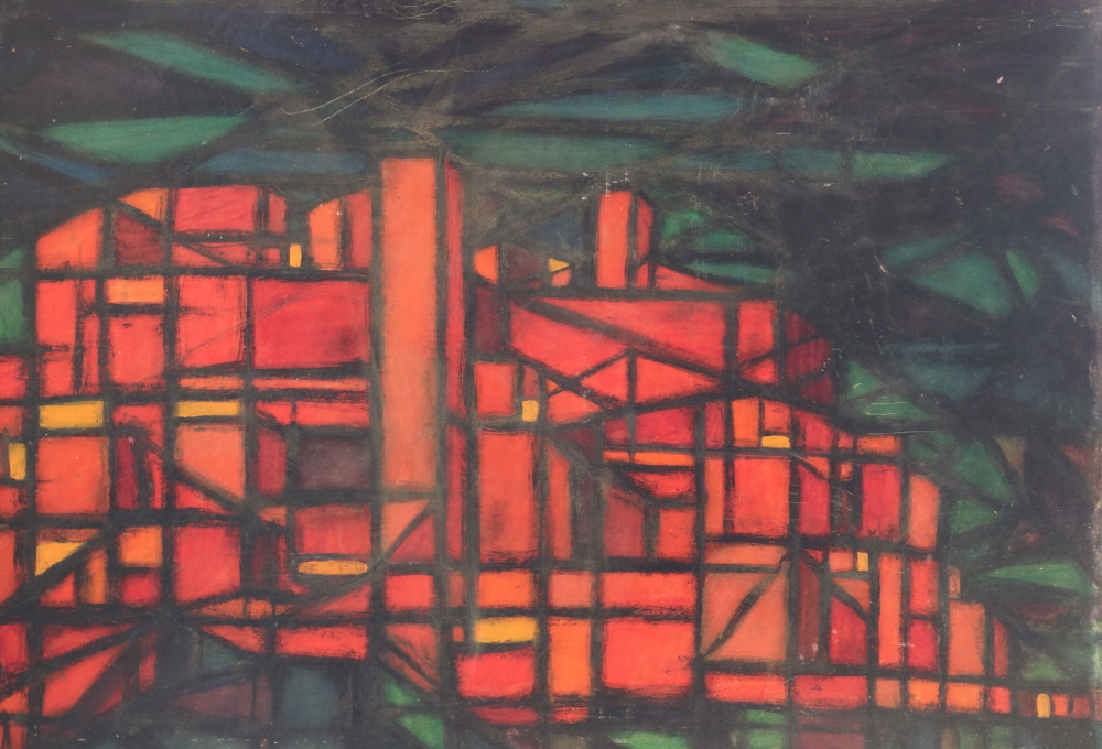 Andrew Roller: acrylic on paper laid on board, red abstract, 31" x 42", in gilt strip frame