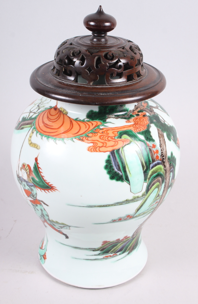 An early 18th century Chinese famille verte warrior decorated porcelain oviform jar, 10" high, - Image 3 of 7