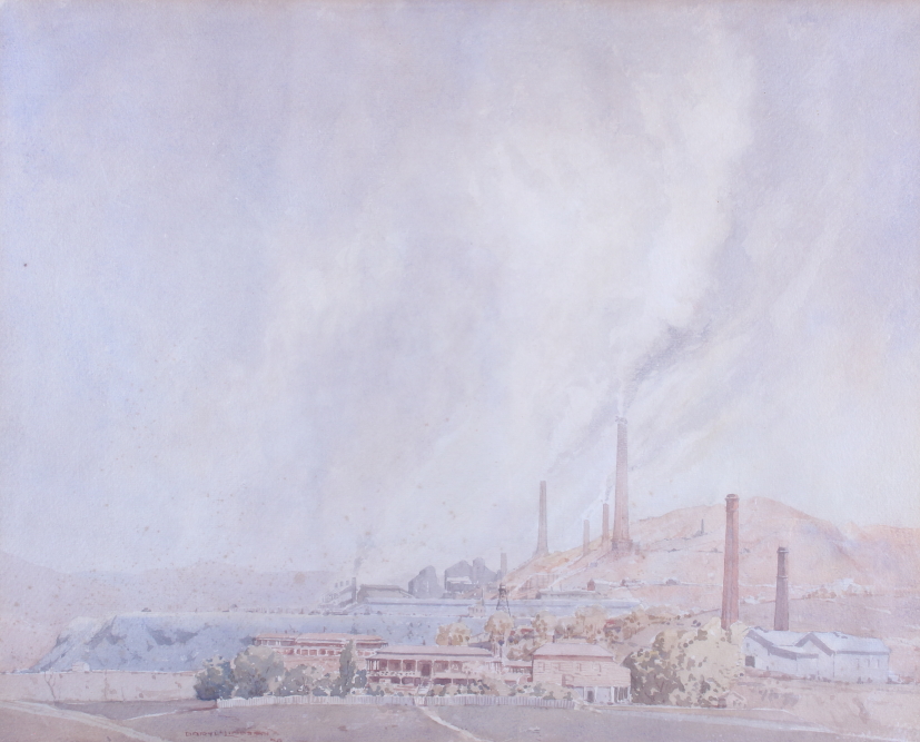 Daryl Lindsay: watercolours, landscape with industrial buildings, 17" x 21", in gilt strip frame, - Image 4 of 6
