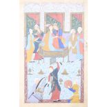 An 18th century Persian bodycolour, manuscript page, Court Scene with musicians and dancer, 9 1/4" x