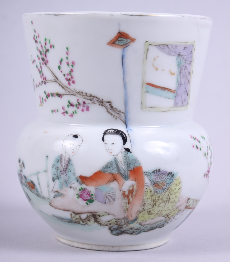 A 19th century Chinese vase, decorated polychrome figures and characters, 4" high