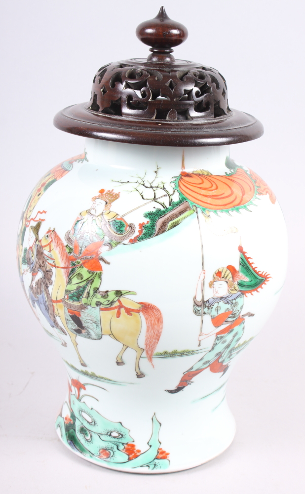 An early 18th century Chinese famille verte warrior decorated porcelain oviform jar, 10" high, - Image 2 of 7