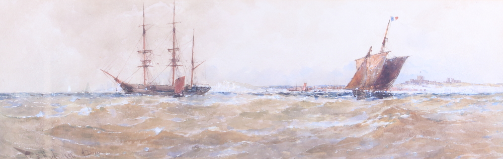 Thomas Bush Hardy, 1891: watercolours "Off Dover" shipping, 6 1/2" x 20", in gilt frame