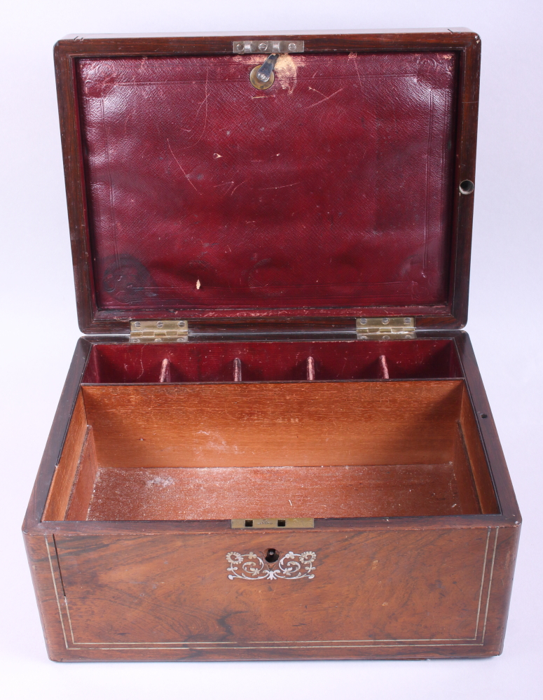 A 19th century rosewood box, decorated mother-of-pearl panel and stringing, 12" wide (damages) - Image 2 of 2