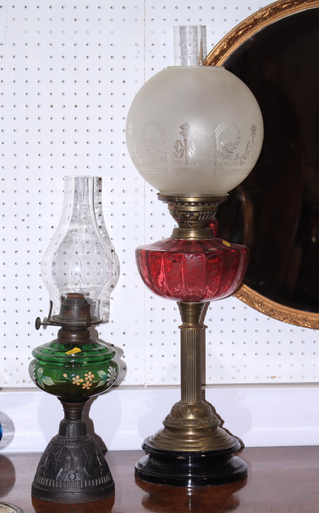 A Victorian oil lamp with etched cranberry glass reservoir and frosted shade, 26 1/2" high, and five - Image 4 of 4