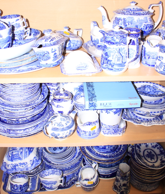 A quantity of Spode "Italian" pattern blue and white china, including teapots, a gravy boat and