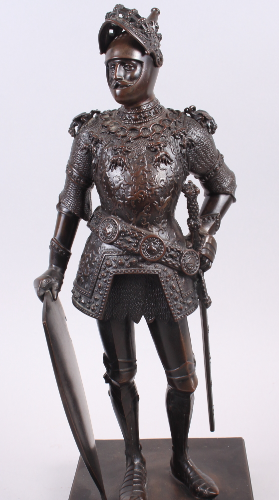 H Fuss, After Peter Vischer: a 19th century bronze figure of King Arthur of England, on square base, - Image 6 of 9