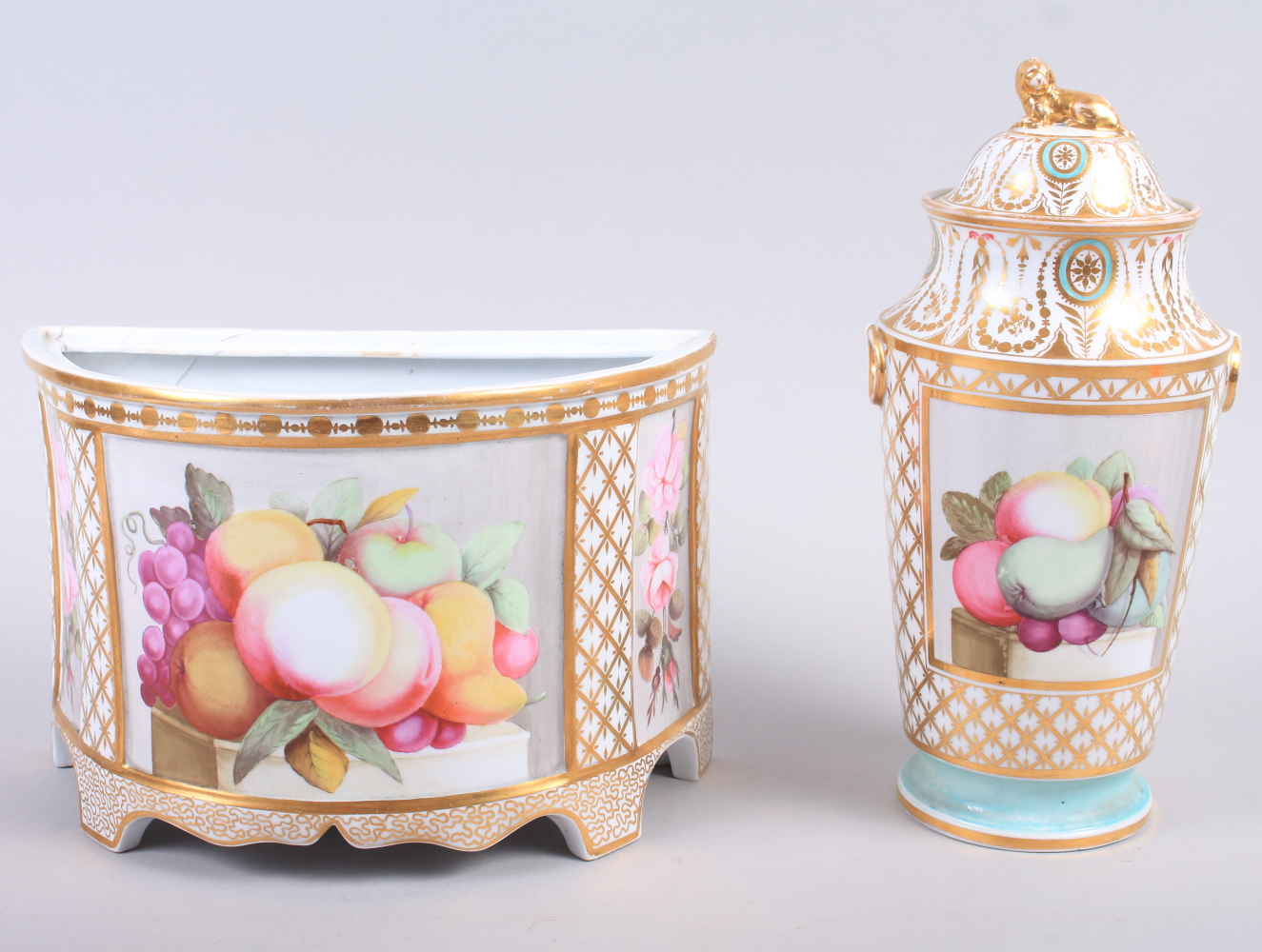 A Derby fruit and gilt decorated tapering vase and cover, 9 1/2" high (worn gilding and chips to