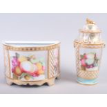 A Derby fruit and gilt decorated tapering vase and cover, 9 1/2" high (worn gilding and chips to