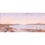 Joan Elliot Bates: oil on board, "Sunset over Welsh Estuary", Bohun Gallery label verso, 3 1/2" x