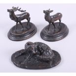 Mene: a bronze model of a fox, 2 1/2" high, and a pair of bronzed figures, stag and doe, 4" high