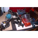 A bench vice, a butting wheel, an electric power drill and a number of other tools, various