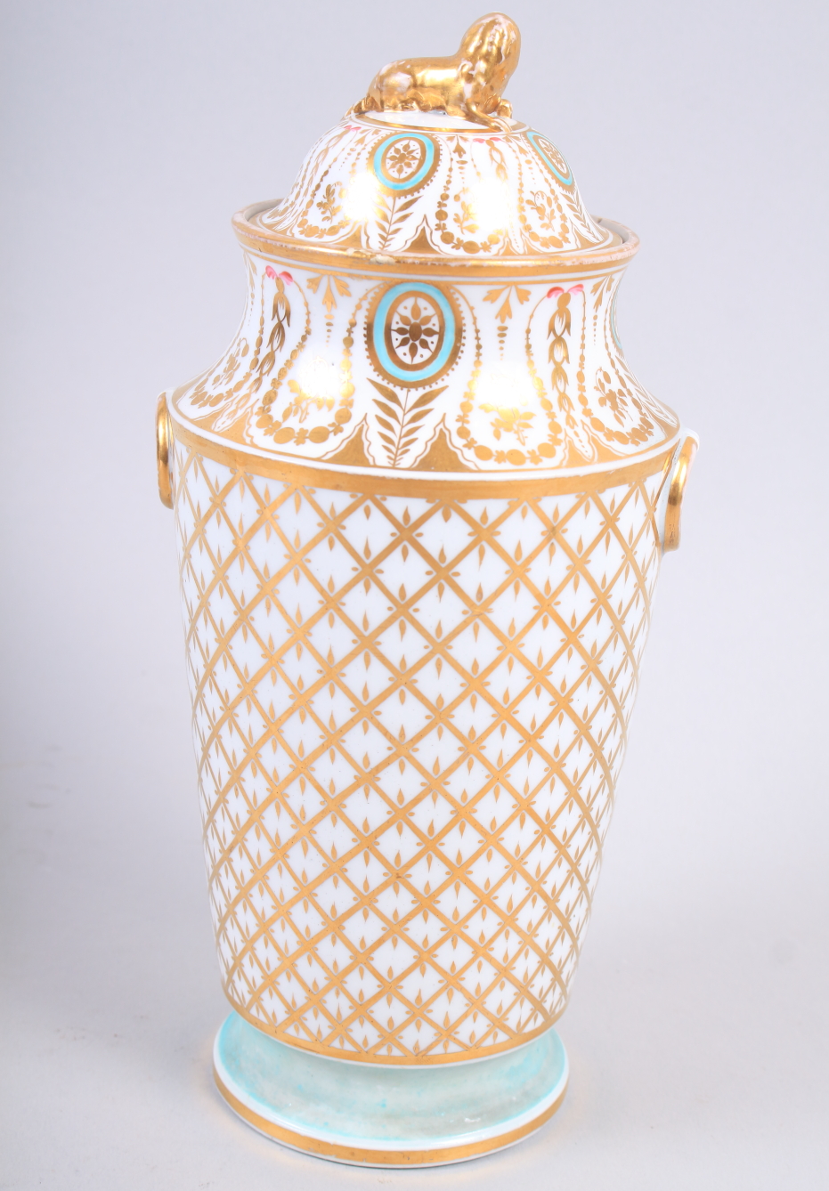 A Derby fruit and gilt decorated tapering vase and cover, 9 1/2" high (worn gilding and chips to - Bild 13 aus 21