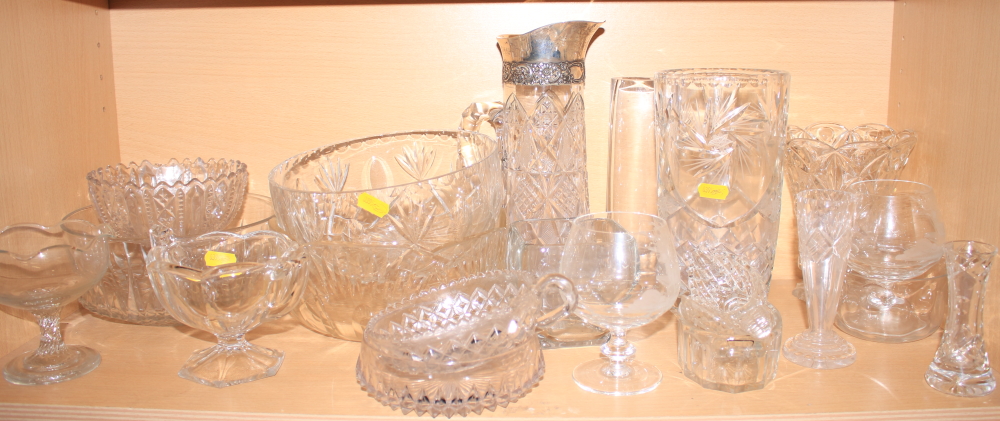 A silver plated collared claret jug, a quantity of clear glass bowls, vases and other items