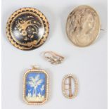 A 19th century lava cameo brooch of Flora, a yellow metal and seed pearl miniature buckle, a