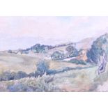 Ellen M Eaton: watercolours, landscape with village and church, 8" x 11", in gilt frame