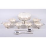 A Mappin & Webb silver dessert set, comprising pedestal bowl with frosted glass liner, six