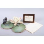 A Royal Worcester Dorothy Doughty model, "Moorhen Chick and Water Lily" No 94, with certificate