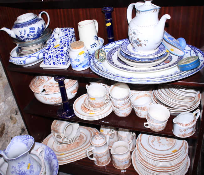 A Furnivals "Quail" pattern part combination service, a quantity of china, mostly blue and white,