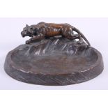 A bronze model of a tiger on rocks, 11" wide