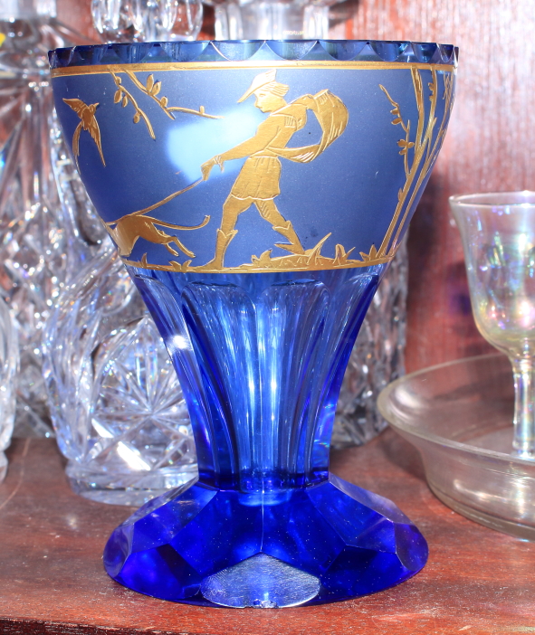 A lustre glass drinking set, two whisky decanters, a blue glass vase, decorated figures and dogs - Image 4 of 4