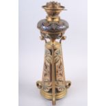 A Doulton Lambeth stoneware oil lamp, decorated by Edith D Lupton, with brass mounts by Hinks, 20"