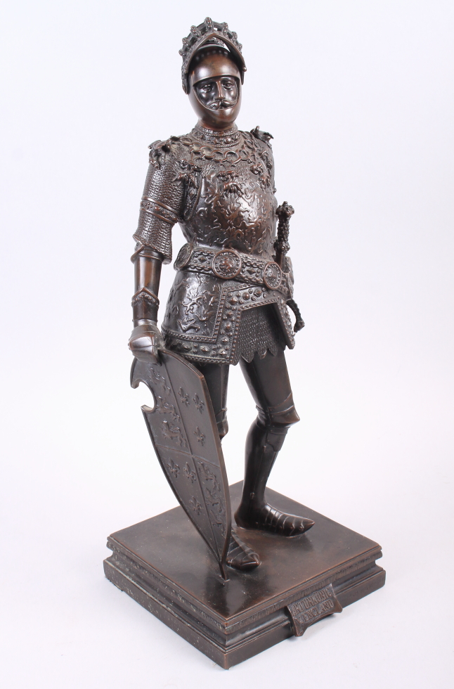 H Fuss, After Peter Vischer: a 19th century bronze figure of King Arthur of England, on square base, - Image 3 of 9