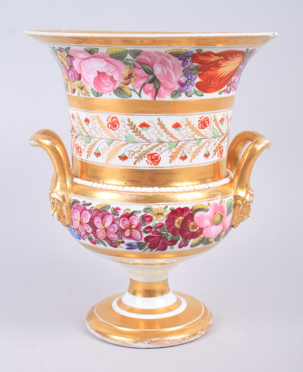 An early 19th century Derby campana vase with rose and floral bands, 7 3/4" high