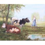 George Bonington: watercolours, milkmaid with cows, 10" x 12 1/2", in strip frame, and another